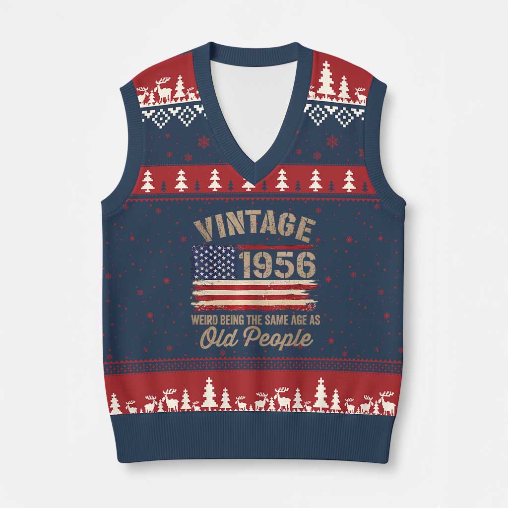 70th Birthday V-Neck Knit Sweater Vest Vintage 1956 Weird Being the Same Age as Old People USA Flag TS10 Navy Red Print Your Wear