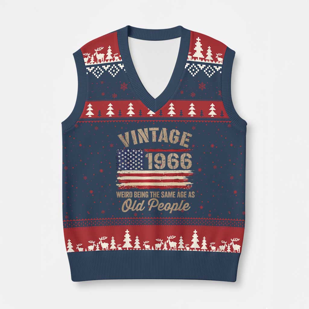 60th Birthday V-Neck Knit Sweater Vest Vintage 1966 Weird Being the Same Age as Old People USA Flag TS10 Navy Red Print Your Wear