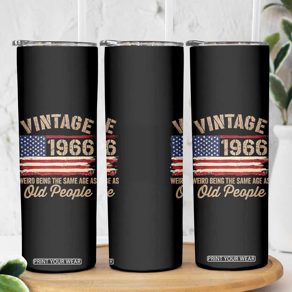 60th Birthday Skinny Tumbler Vintage 1966 Weird Being the Same Age as Old People USA Flag