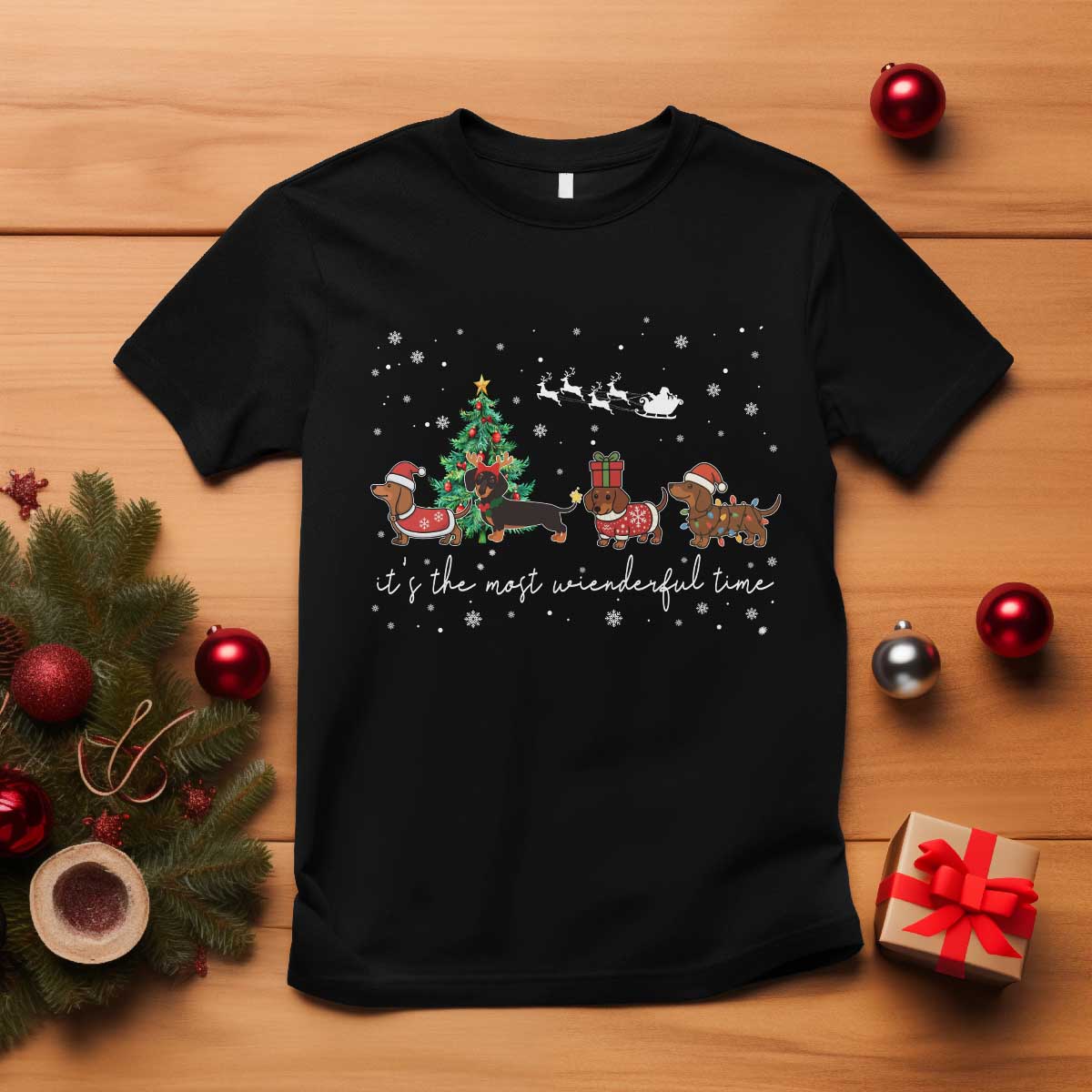 Dachshund Christmas T Shirt Funny Weiner Dog Lovers Its The Most Wienderful Time TS10 Black Print Your Wear