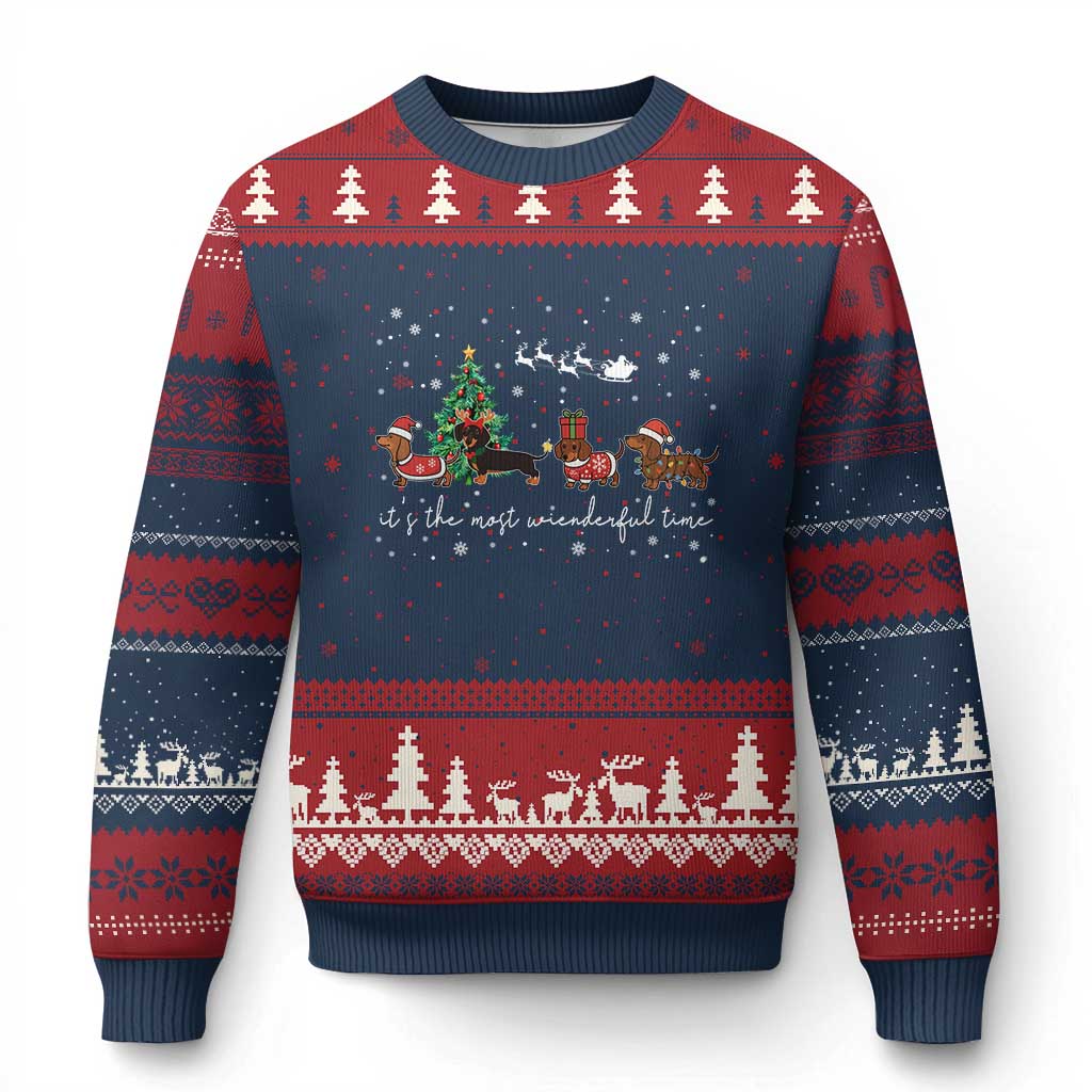 Dachshund Xmas Ugly Christmas Sweater Funny Weiner Dog Lovers Its The Most Wienderful Time TS10 Navy Red Print Your Wear