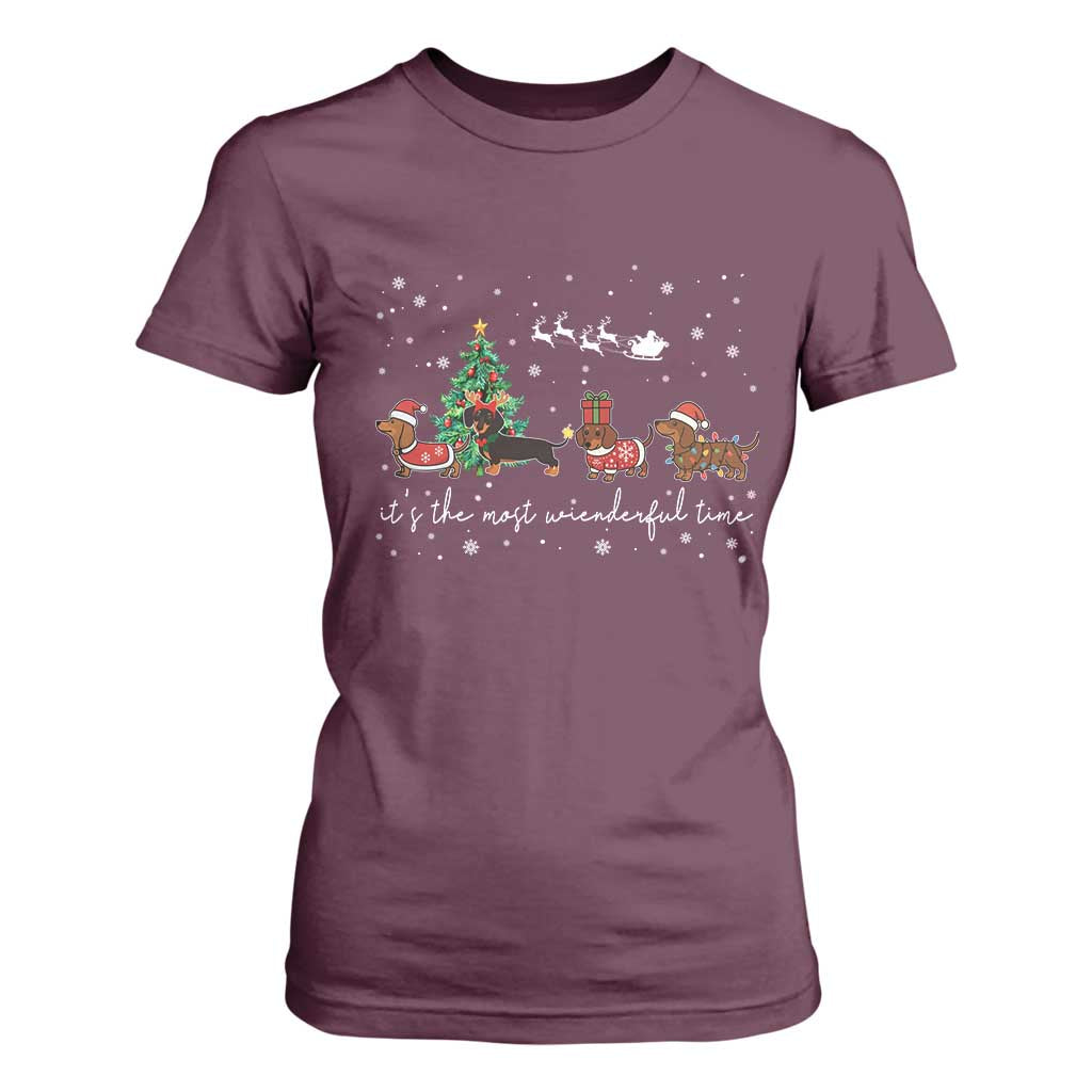 Dachshund Christmas T Shirt For Women Funny Weiner Dog Lovers Its The Most Wienderful Time TS10 Maroon Print Your Wear