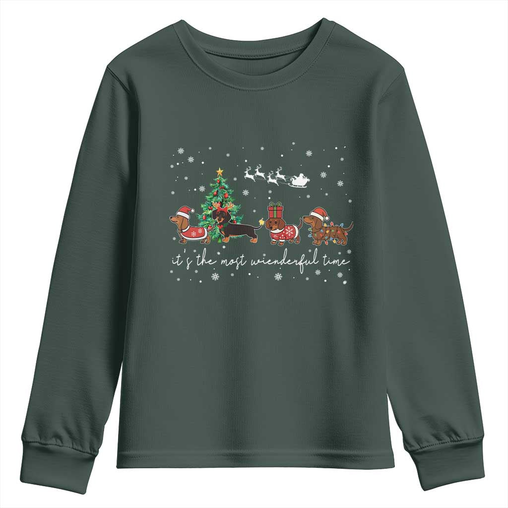 Dachshund Christmas Youth Sweatshirt Funny Weiner Dog Lovers Its The Most Wienderful Time TS10 Dark Forest Green Print Your Wear