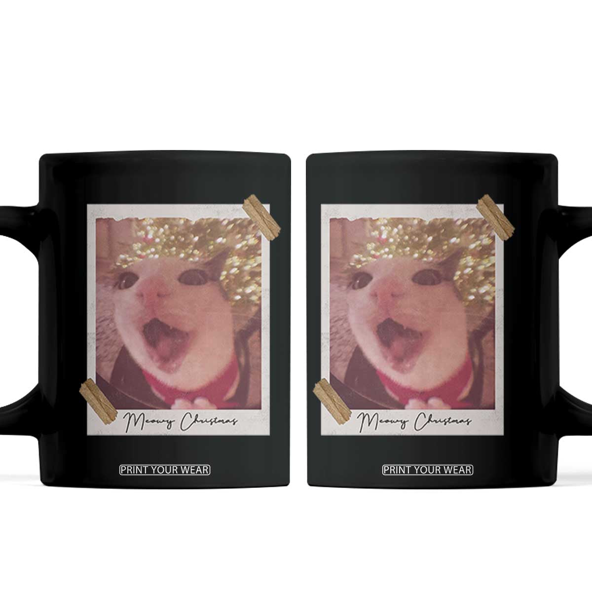 Meowy Christmas Coffee Mug Funny Cat Lovers Xmas Vintage Photo TS10 Black Print Your Wear