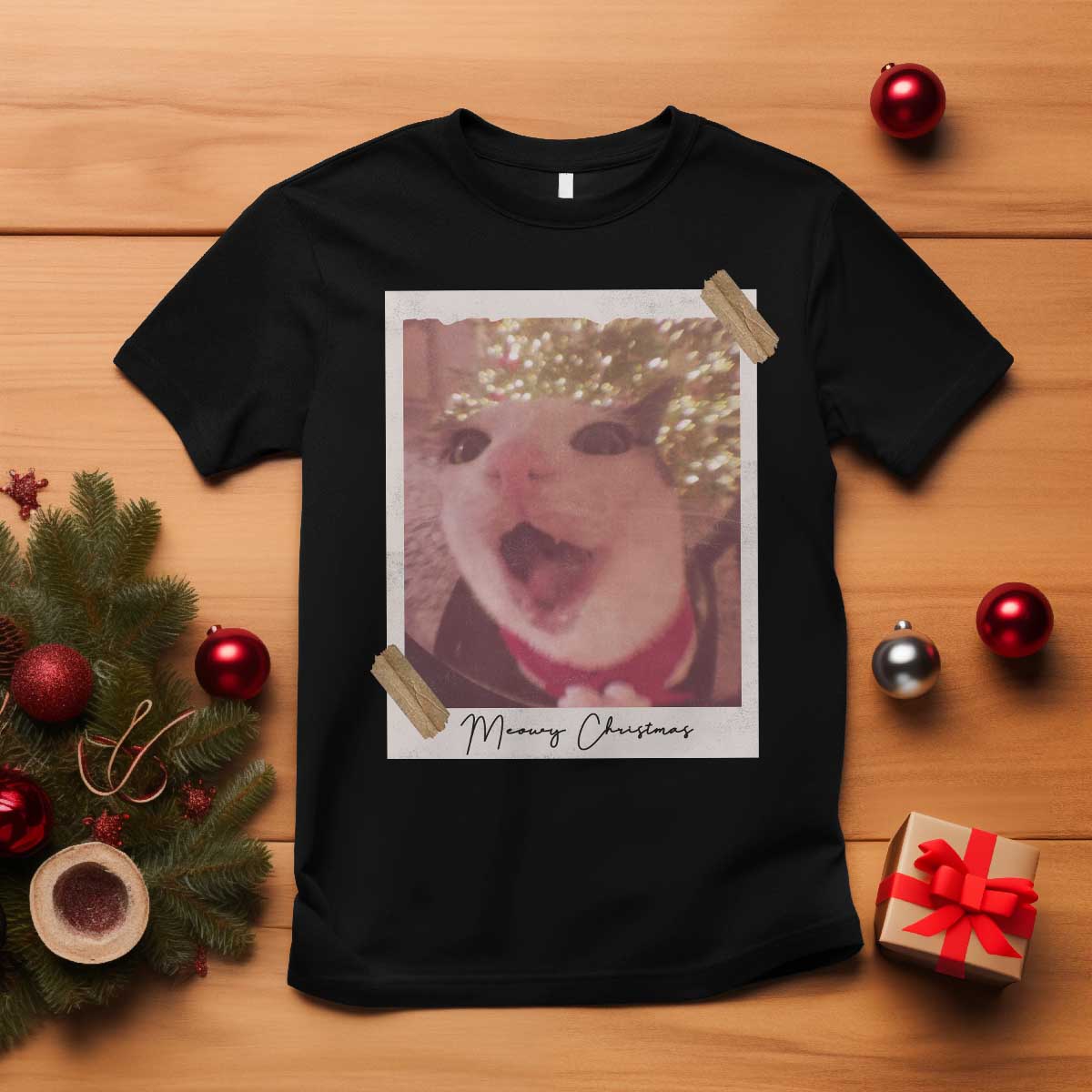 Meowy Christmas T Shirt Funny Cat Lovers Xmas Vintage Photo - Print Your Wear