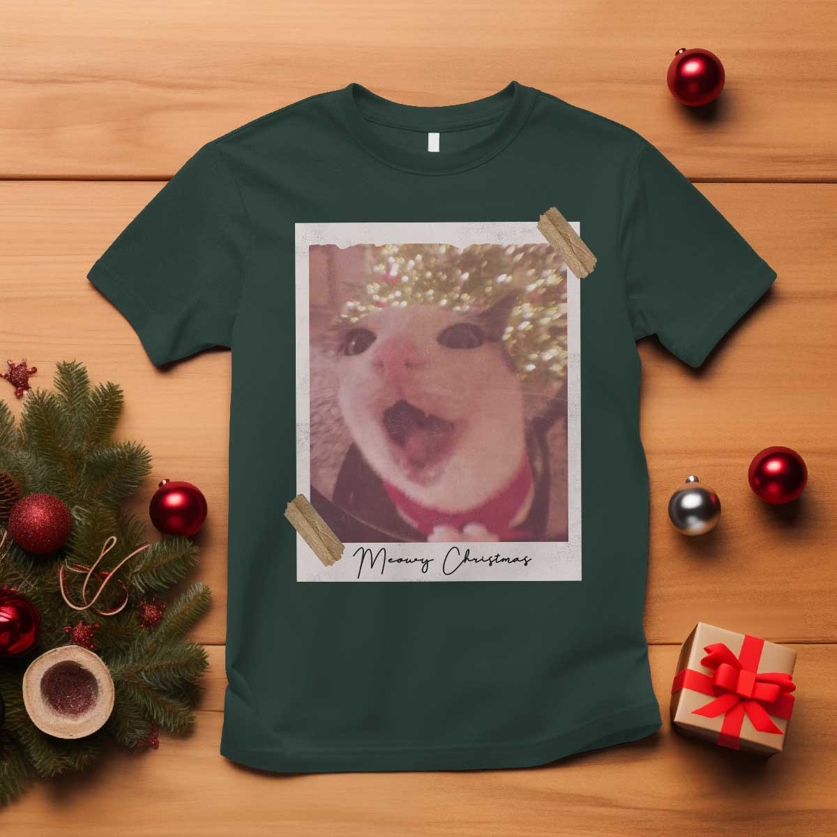 Meowy Christmas T Shirt Funny Cat Lovers Xmas Vintage Photo TS10 Dark Forest Green Print Your Wear