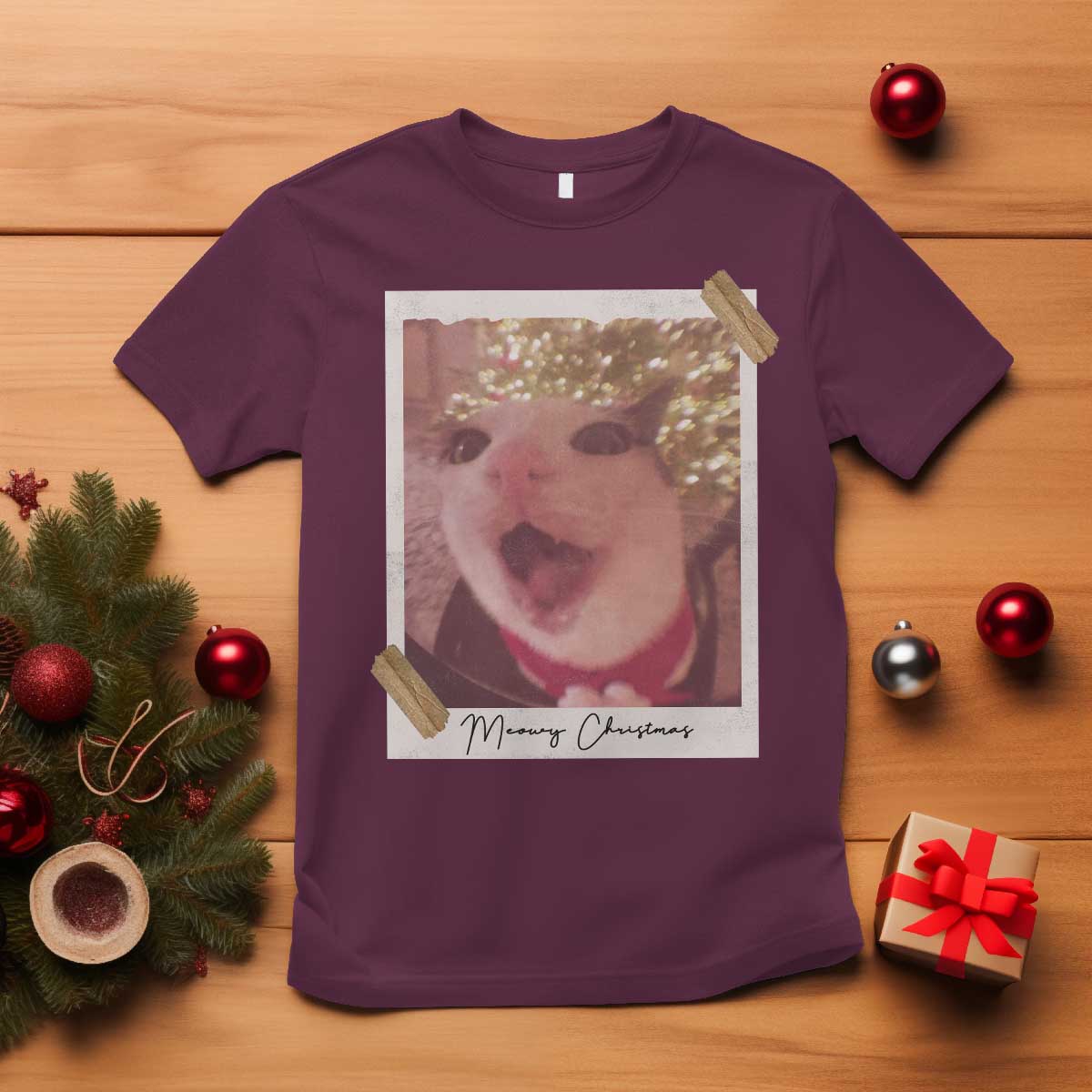 Meowy Christmas T Shirt Funny Cat Lovers Xmas Vintage Photo TS10 Maroon Print Your Wear