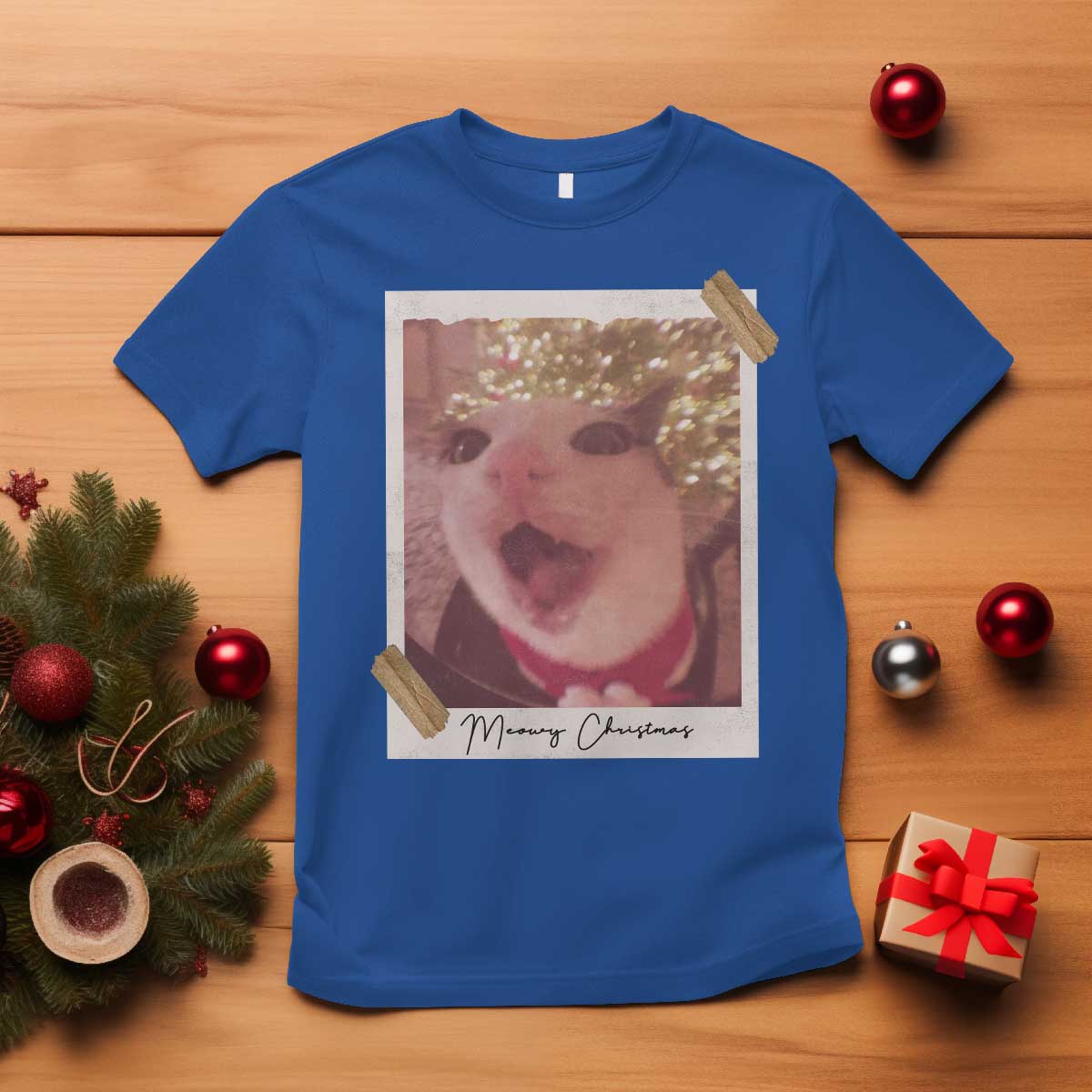 Meowy Christmas T Shirt Funny Cat Lovers Xmas Vintage Photo TS10 Royal Blue Print Your Wear