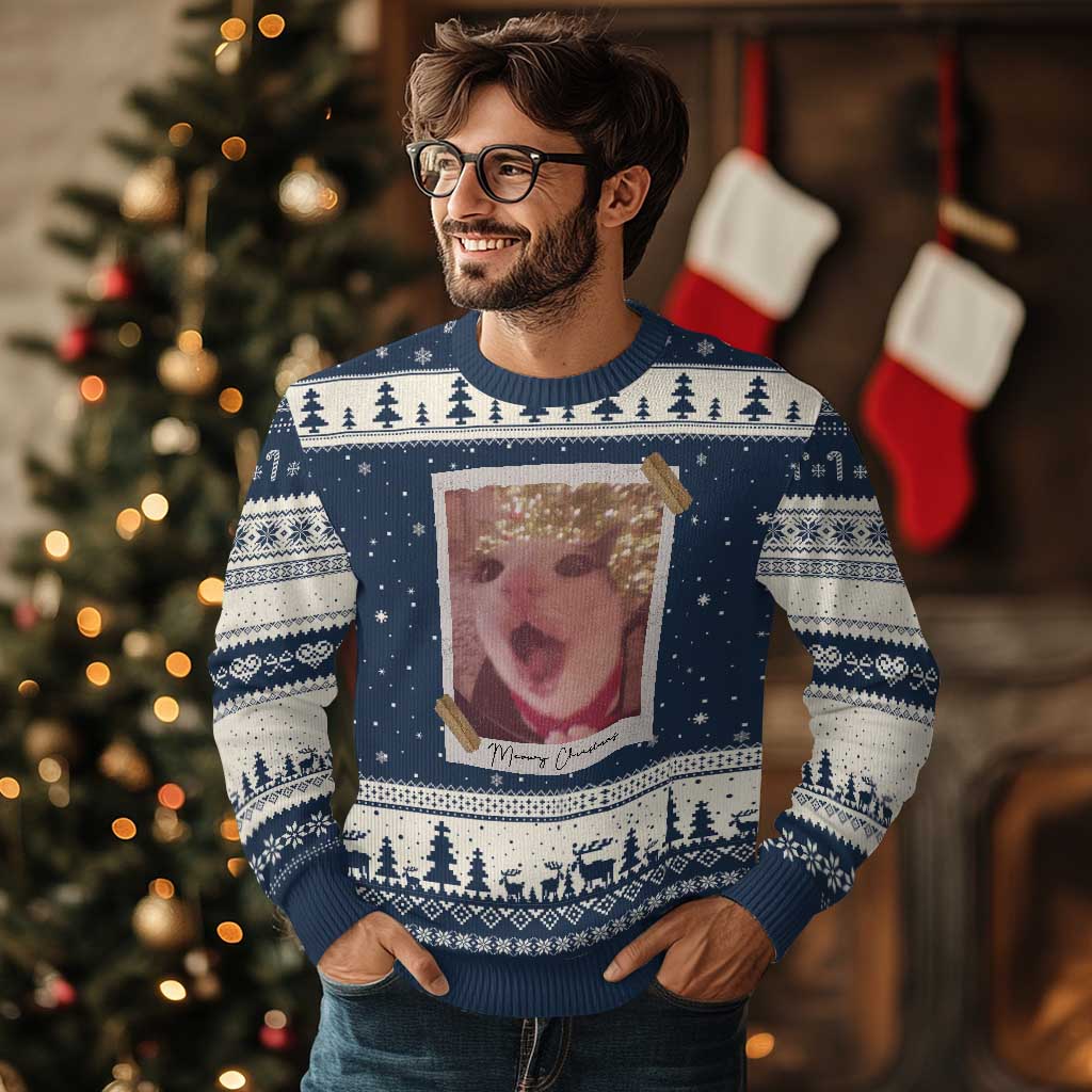 Meowy Xmas Ugly Christmas Sweater Funny Cat Lovers Xmas Vintage Photo TS10 Navy Beige Print Your Wear
