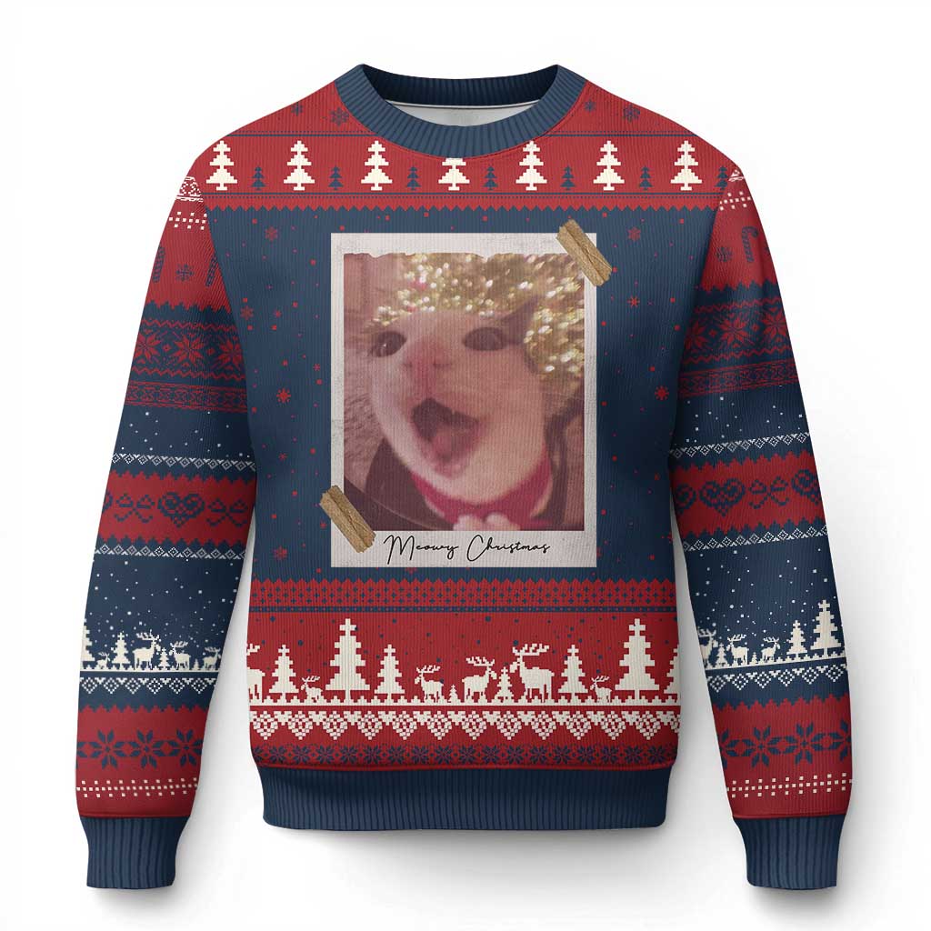 Meowy Xmas Ugly Christmas Sweater Funny Cat Lovers Xmas Vintage Photo TS10 Navy Red Print Your Wear