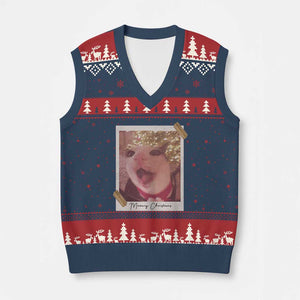 Meowy Xmas V-Neck Knit Sweater Vest Funny Cat Lovers Xmas Vintage Photo TS10 Navy Red Print Your Wear
