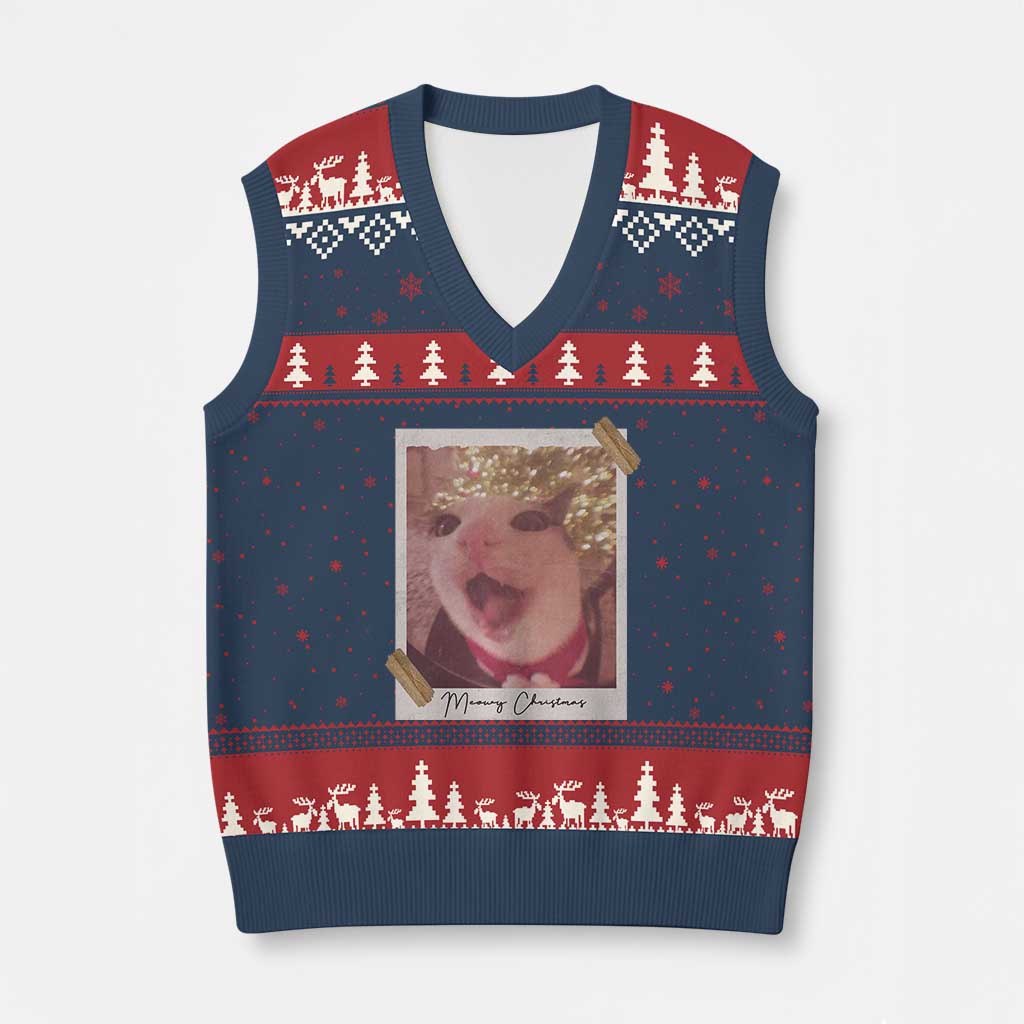 Meowy Xmas V-Neck Knit Sweater Vest Funny Cat Lovers Xmas Vintage Photo TS10 Navy Red Print Your Wear