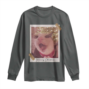 Meowy Christmas Long Sleeve Shirt Funny Cat Lovers Xmas Vintage Photo TS10 Dark Heather Print Your Wear