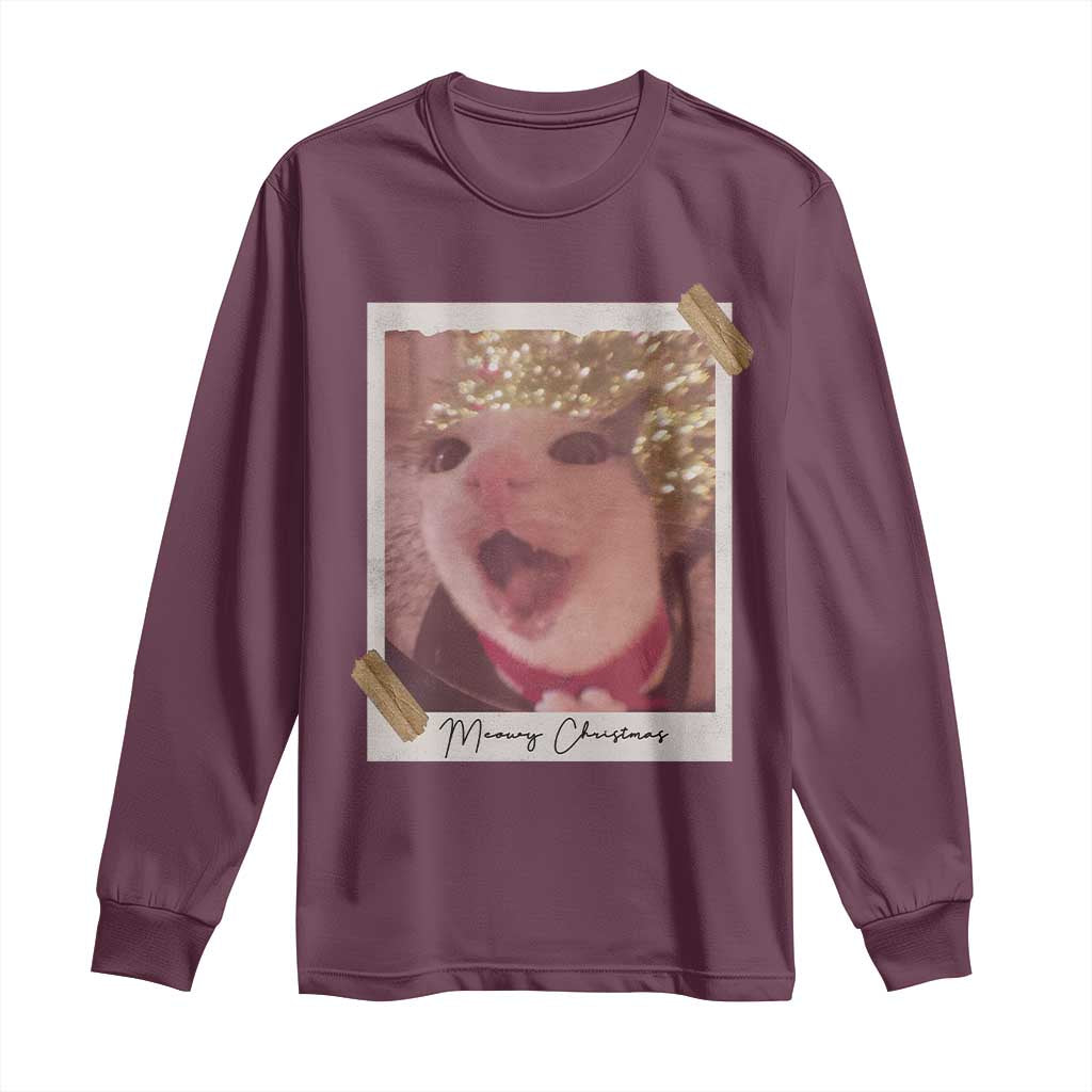 Meowy Christmas Long Sleeve Shirt Funny Cat Lovers Xmas Vintage Photo TS10 Maroon Print Your Wear