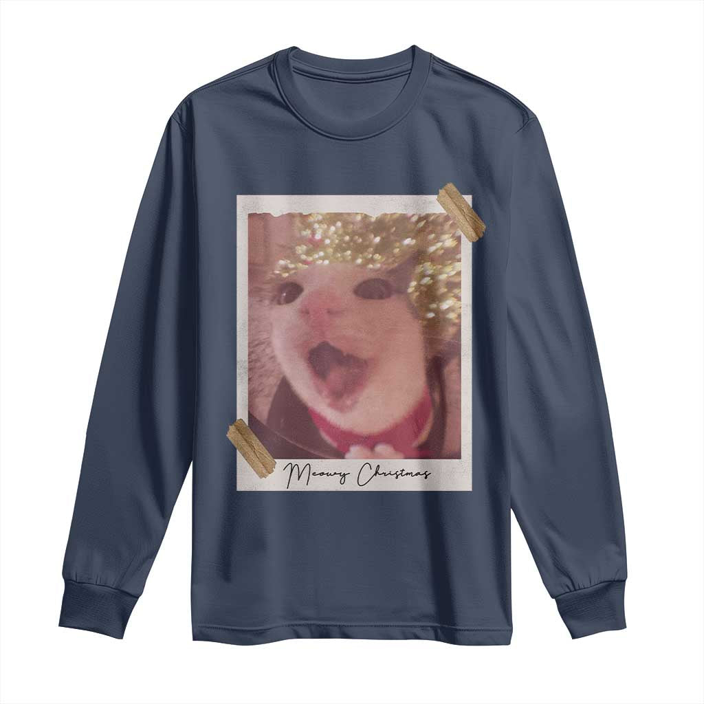 Meowy Christmas Long Sleeve Shirt Funny Cat Lovers Xmas Vintage Photo TS10 Navy Print Your Wear