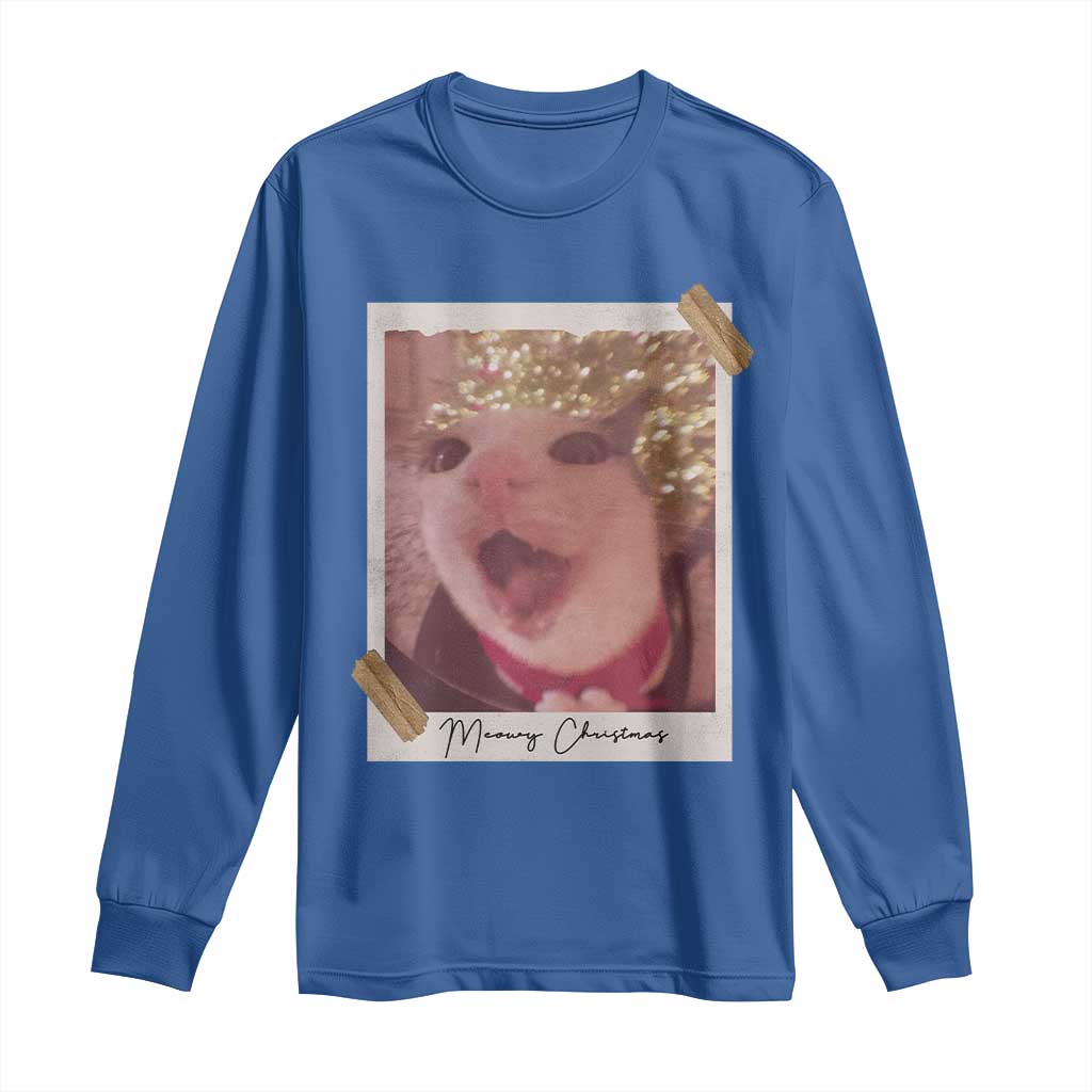 Meowy Christmas Long Sleeve Shirt Funny Cat Lovers Xmas Vintage Photo TS10 Royal Blue Print Your Wear