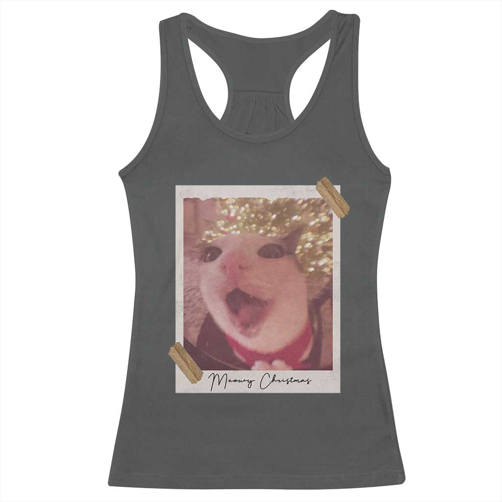 Meowy Christmas Racerback Tank Top Funny Cat Lovers Xmas Vintage Photo TS10 Dark Heather Print Your Wear