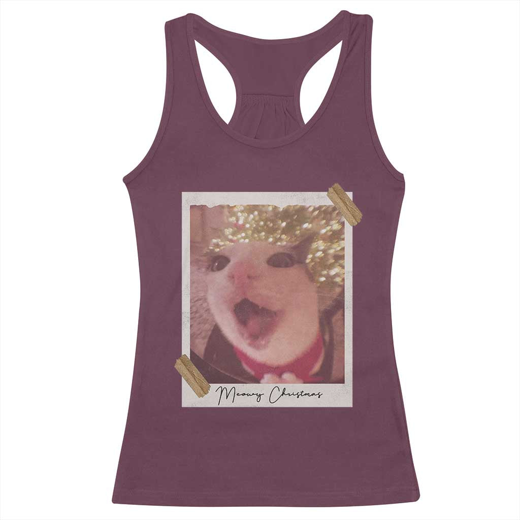 Meowy Christmas Racerback Tank Top Funny Cat Lovers Xmas Vintage Photo TS10 Maroon Print Your Wear