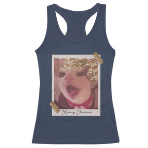 Meowy Christmas Racerback Tank Top Funny Cat Lovers Xmas Vintage Photo TS10 Navy Print Your Wear
