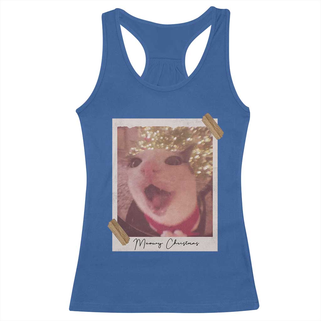 Meowy Christmas Racerback Tank Top Funny Cat Lovers Xmas Vintage Photo TS10 Royal Blue Print Your Wear
