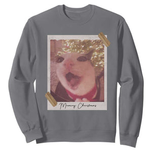 Meowy Christmas Sweatshirt Funny Cat Lovers Xmas Vintage Photo - Print Your Wear