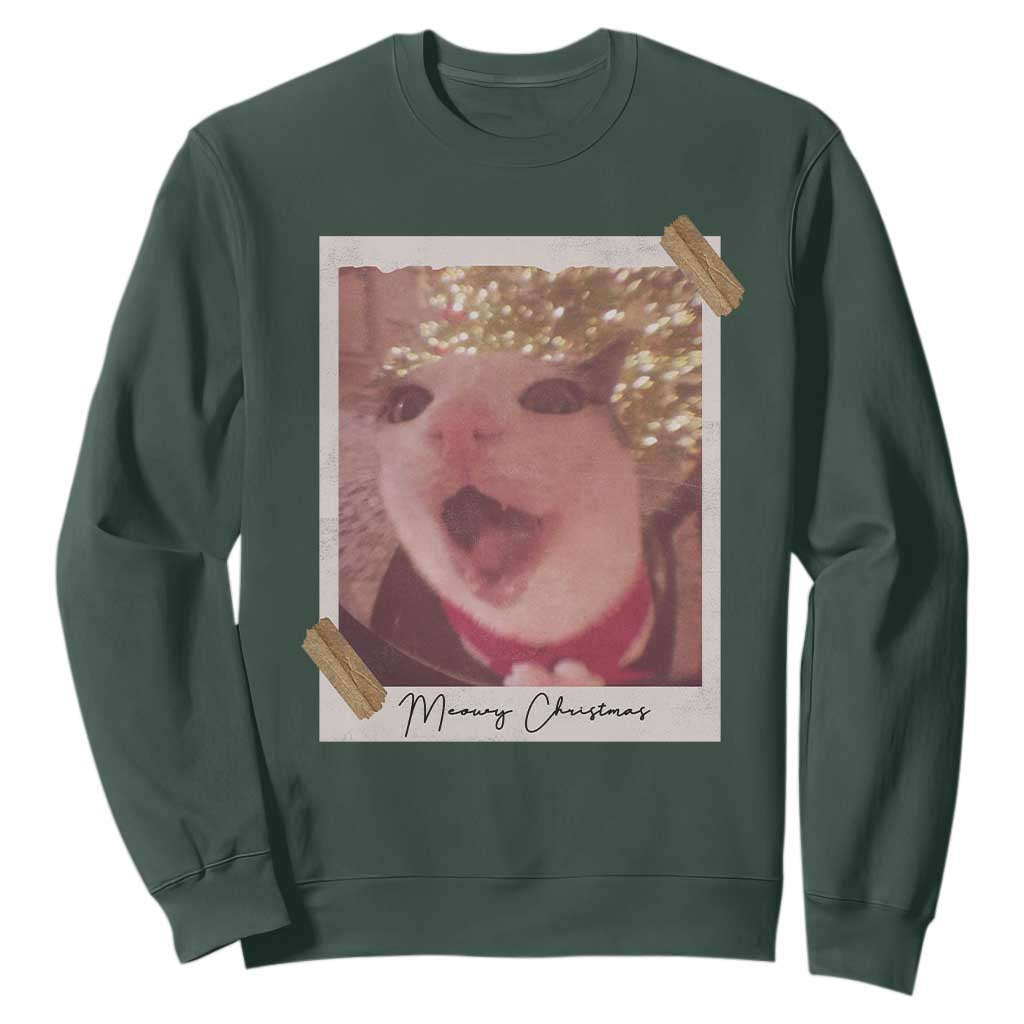 Meowy Christmas Sweatshirt Funny Cat Lovers Xmas Vintage Photo TS10 Dark Forest Green Print Your Wear