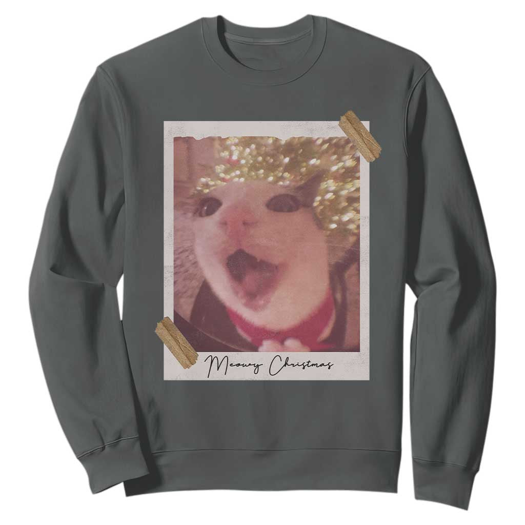 Meowy Christmas Sweatshirt Funny Cat Lovers Xmas Vintage Photo TS10 Dark Heather Print Your Wear