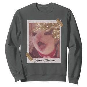 Meowy Christmas Sweatshirt Funny Cat Lovers Xmas Vintage Photo TS10 Dark Heather Print Your Wear