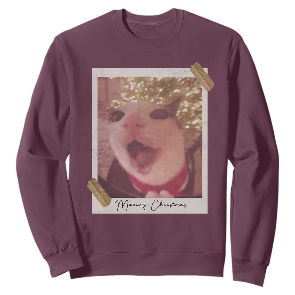 Meowy Christmas Sweatshirt Funny Cat Lovers Xmas Vintage Photo TS10 Maroon Print Your Wear