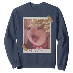 Meowy Christmas Sweatshirt Funny Cat Lovers Xmas Vintage Photo TS10 Navy Print Your Wear