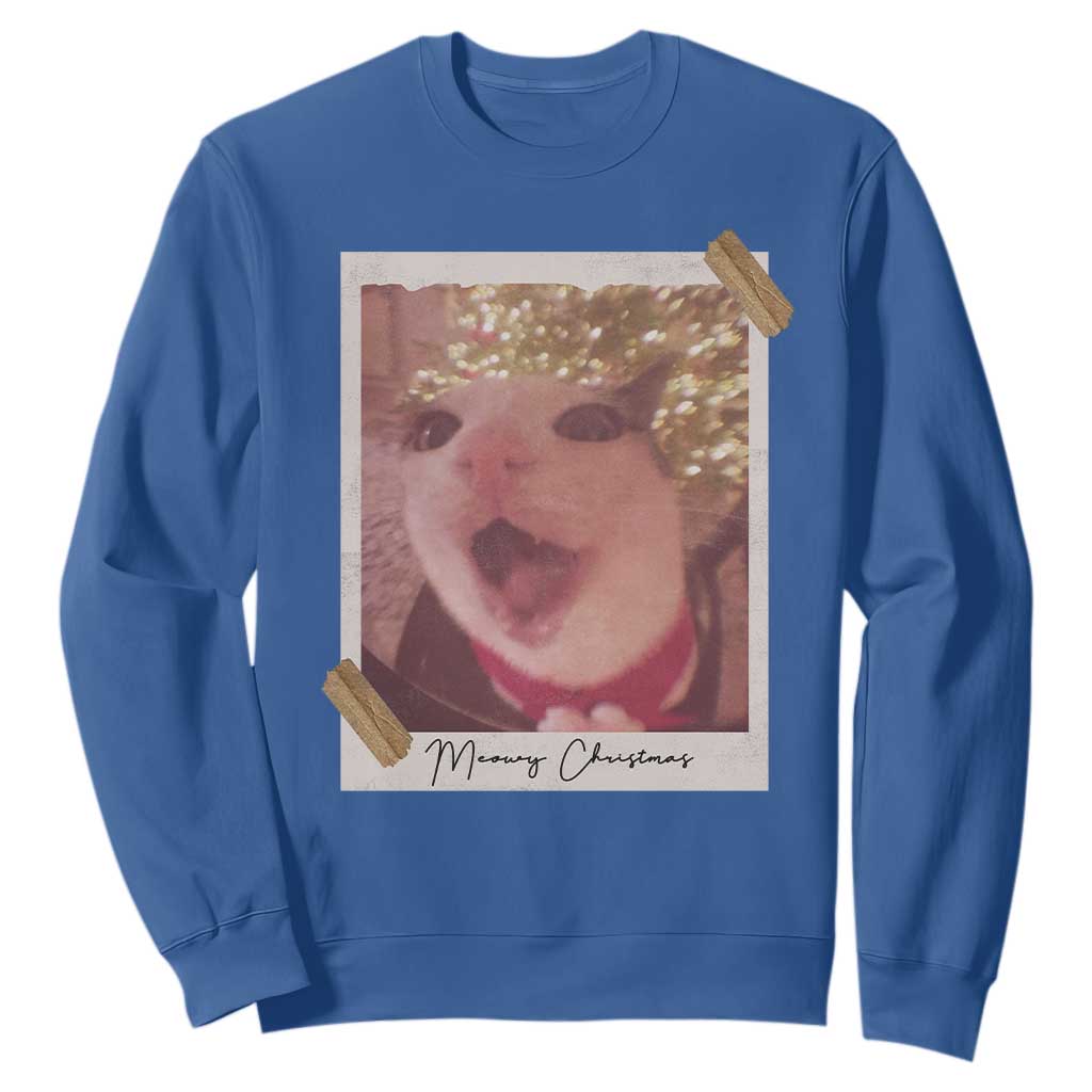 Meowy Christmas Sweatshirt Funny Cat Lovers Xmas Vintage Photo TS10 Royal Blue Print Your Wear