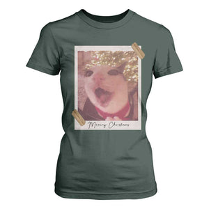 Meowy Christmas T Shirt For Women Funny Cat Lovers Xmas Vintage Photo TS10 Dark Forest Green Print Your Wear