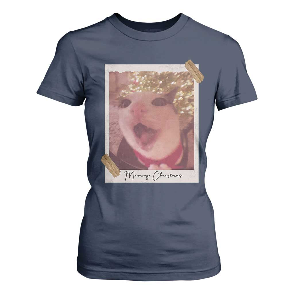 Meowy Christmas T Shirt For Women Funny Cat Lovers Xmas Vintage Photo - Print Your Wear
