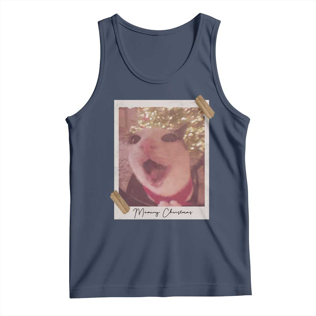 Meowy Christmas Tank Top Funny Cat Lovers Xmas Vintage Photo TS10 Navy Print Your Wear