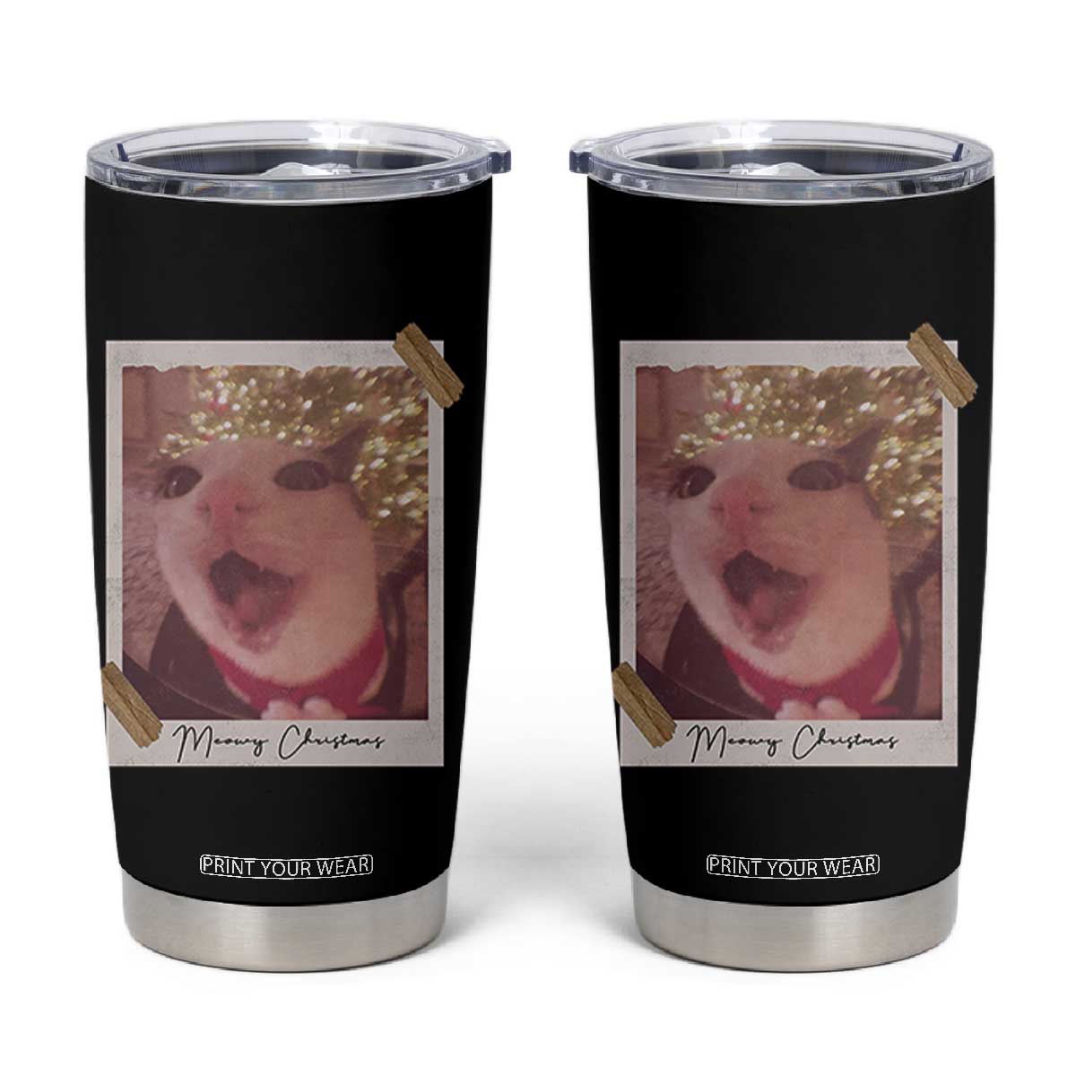 Meowy Christmas Tumbler Cup Funny Cat Lovers Xmas Vintage Photo TS10 Black Print Your Wear