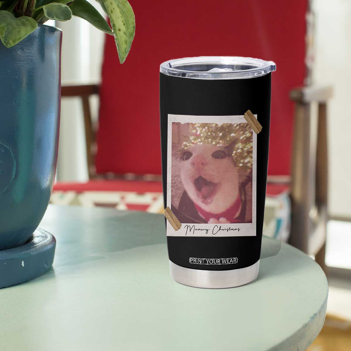 Meowy Christmas Tumbler Cup Funny Cat Lovers Xmas Vintage Photo TS10 Print Your Wear