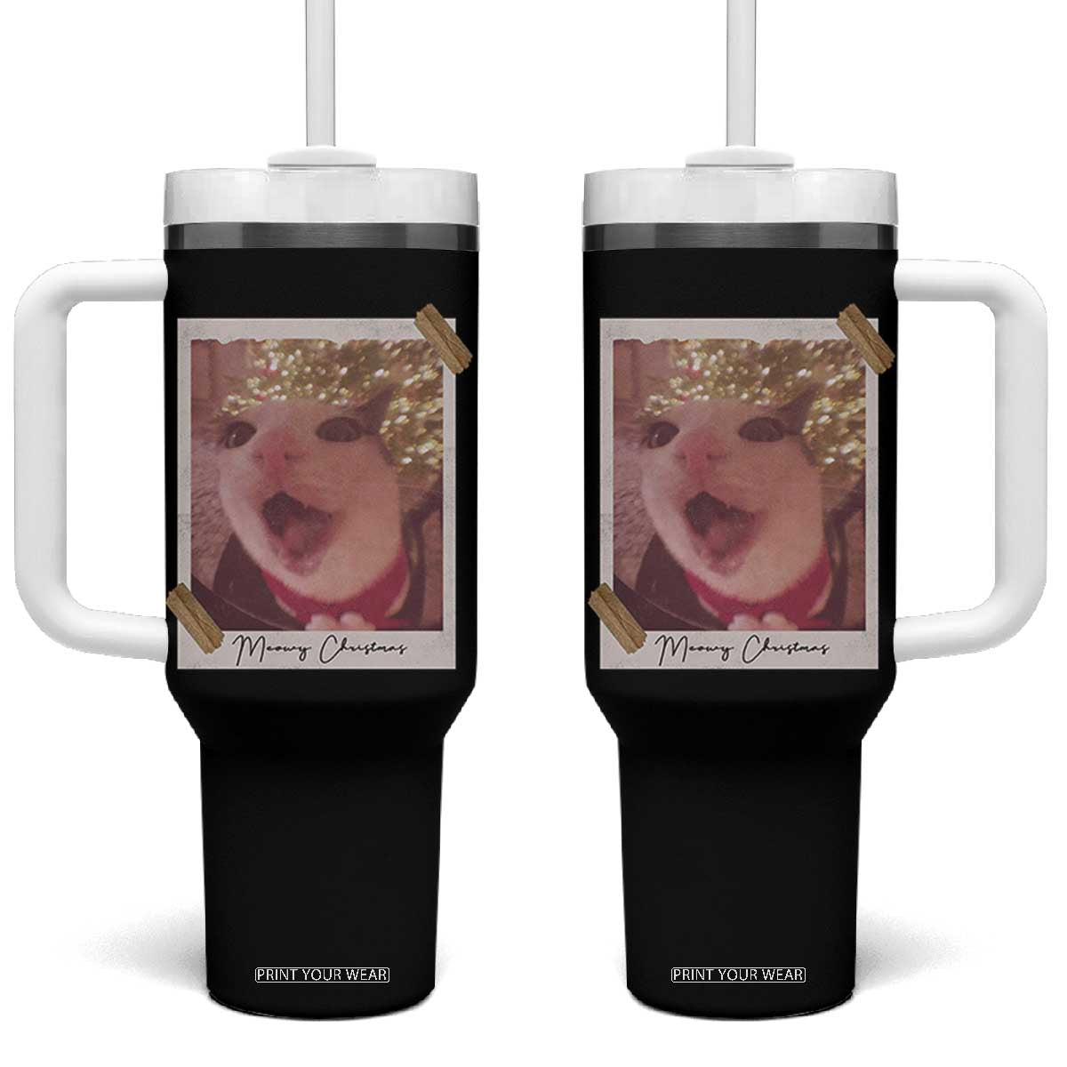 Meowy Christmas Tumbler With Handle Funny Cat Lovers Xmas Vintage Photo TS10 One Size: 40 oz Black Print Your Wear