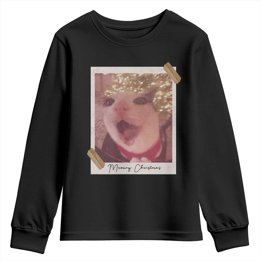 Meowy Christmas Youth Sweatshirt Funny Cat Lovers Xmas Vintage Photo - Print Your Wear