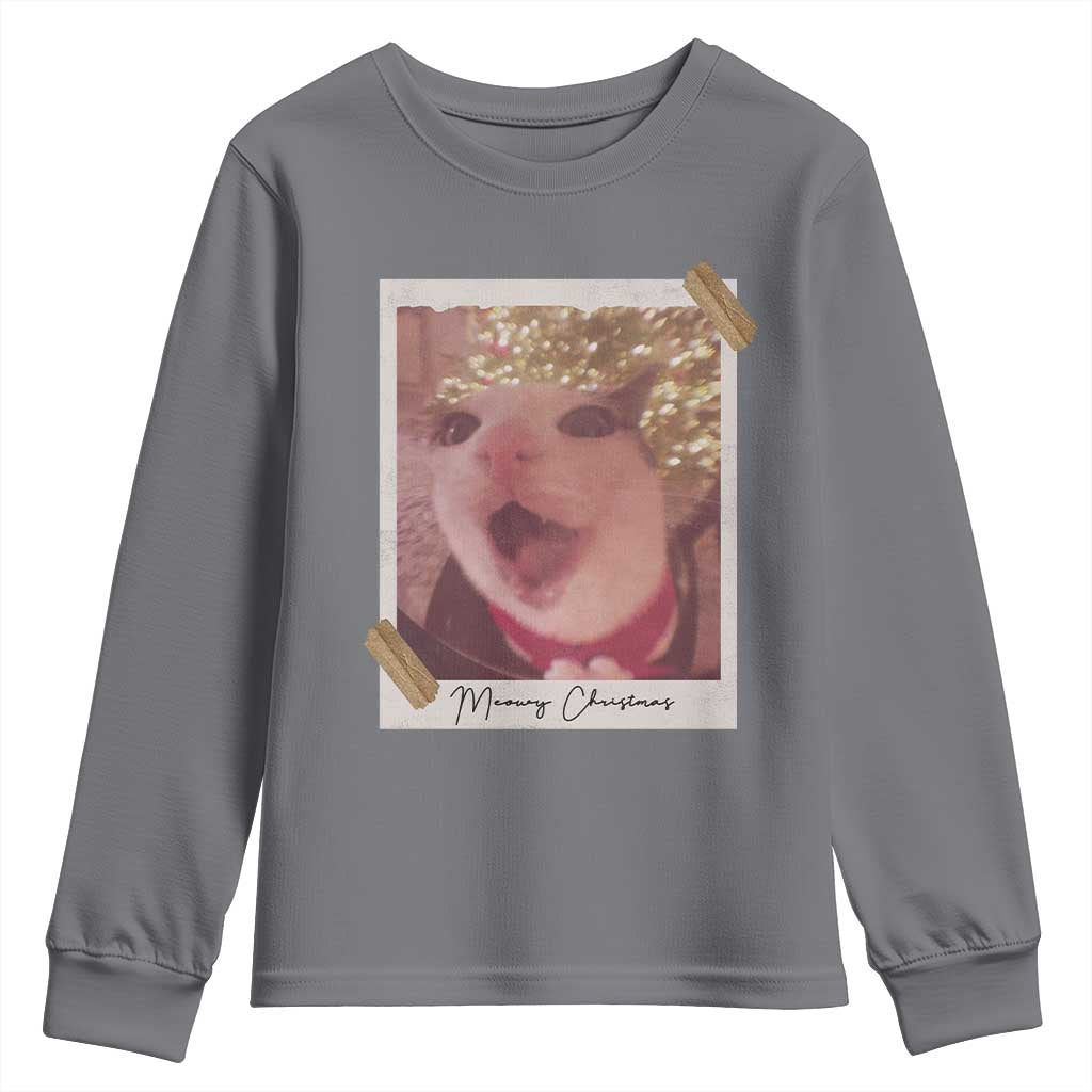 Meowy Christmas Youth Sweatshirt Funny Cat Lovers Xmas Vintage Photo - Print Your Wear