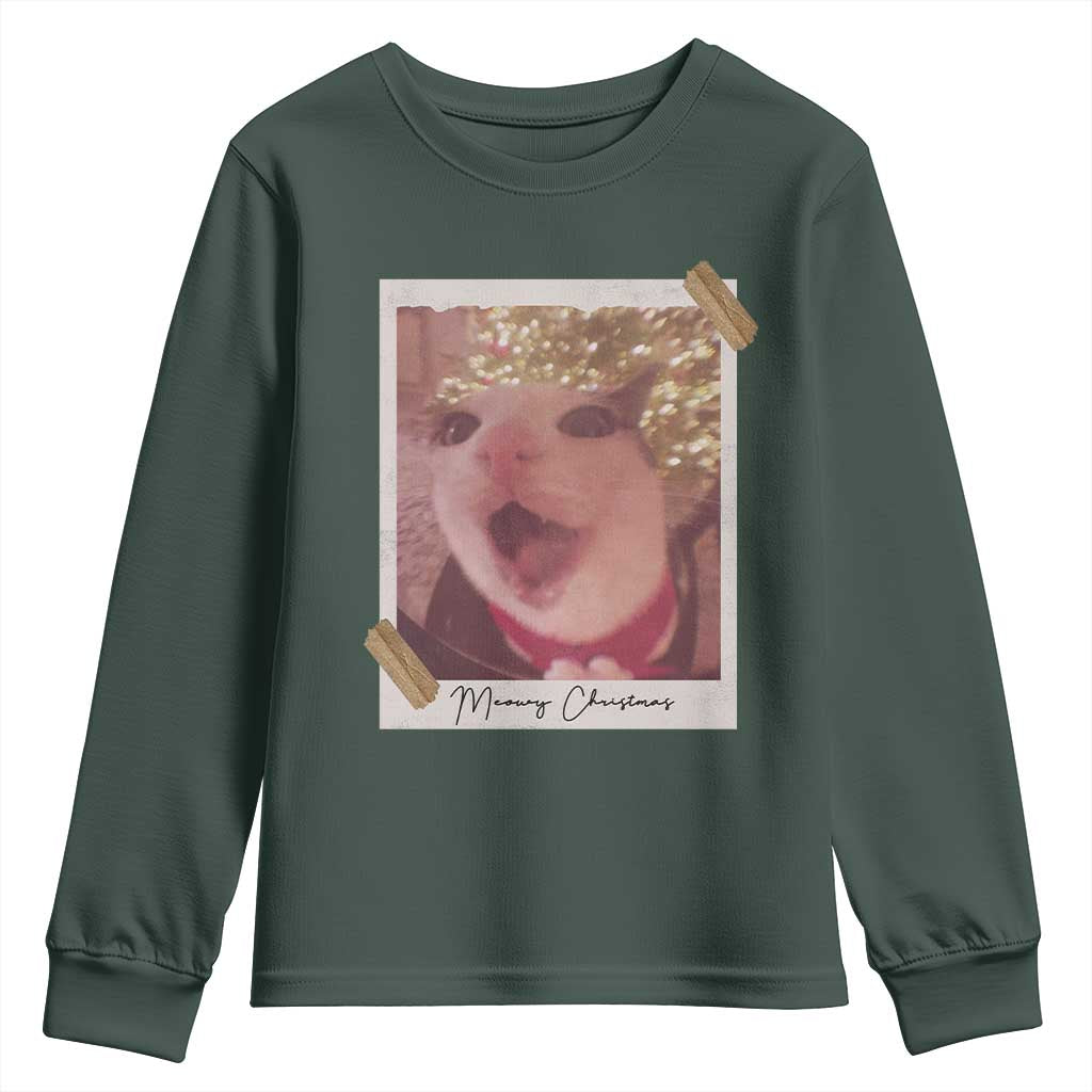 Meowy Christmas Youth Sweatshirt Funny Cat Lovers Xmas Vintage Photo TS10 Dark Forest Green Print Your Wear