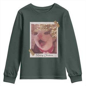 Meowy Christmas Youth Sweatshirt Funny Cat Lovers Xmas Vintage Photo TS10 Dark Forest Green Print Your Wear