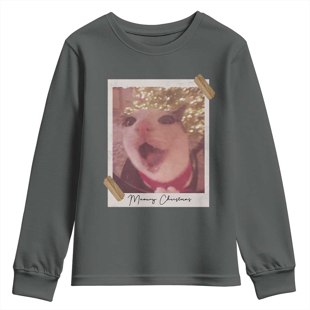 Meowy Christmas Youth Sweatshirt Funny Cat Lovers Xmas Vintage Photo TS10 Dark Heather Print Your Wear