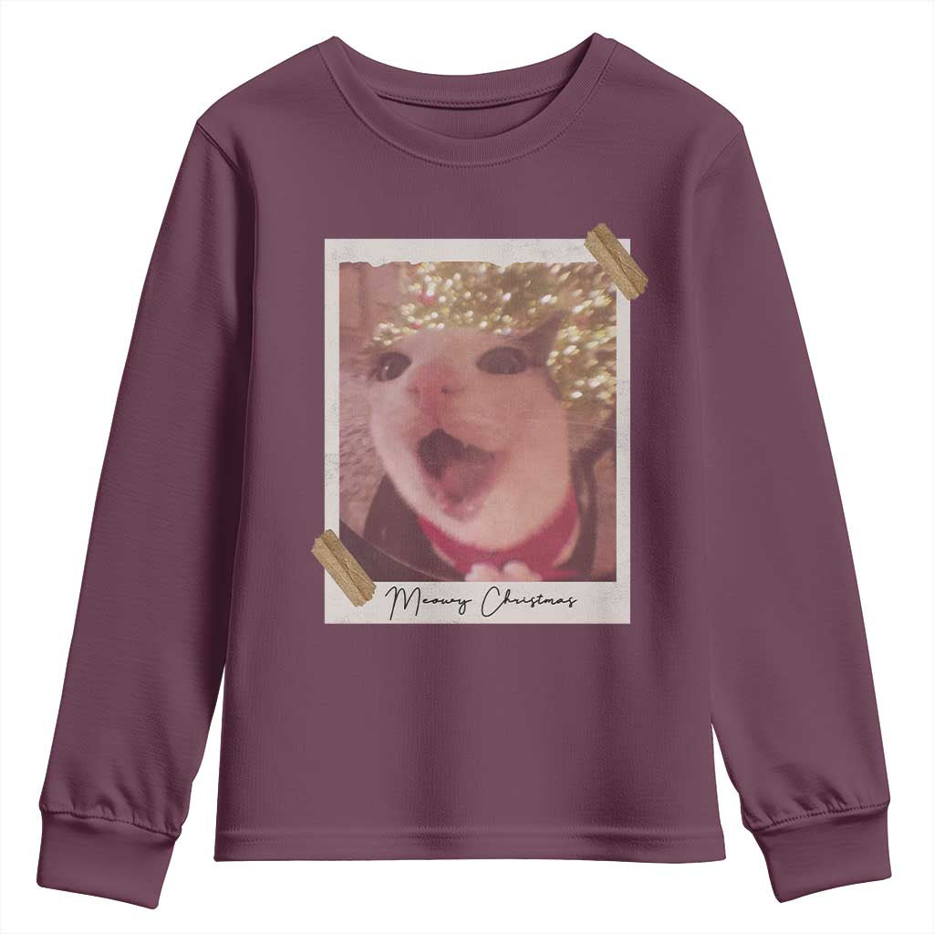 Meowy Christmas Youth Sweatshirt Funny Cat Lovers Xmas Vintage Photo TS10 Maroon Print Your Wear