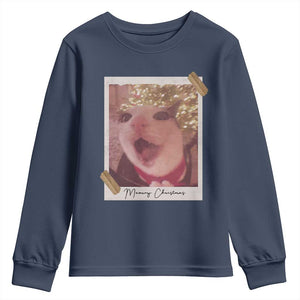 Meowy Christmas Youth Sweatshirt Funny Cat Lovers Xmas Vintage Photo TS10 Navy Print Your Wear