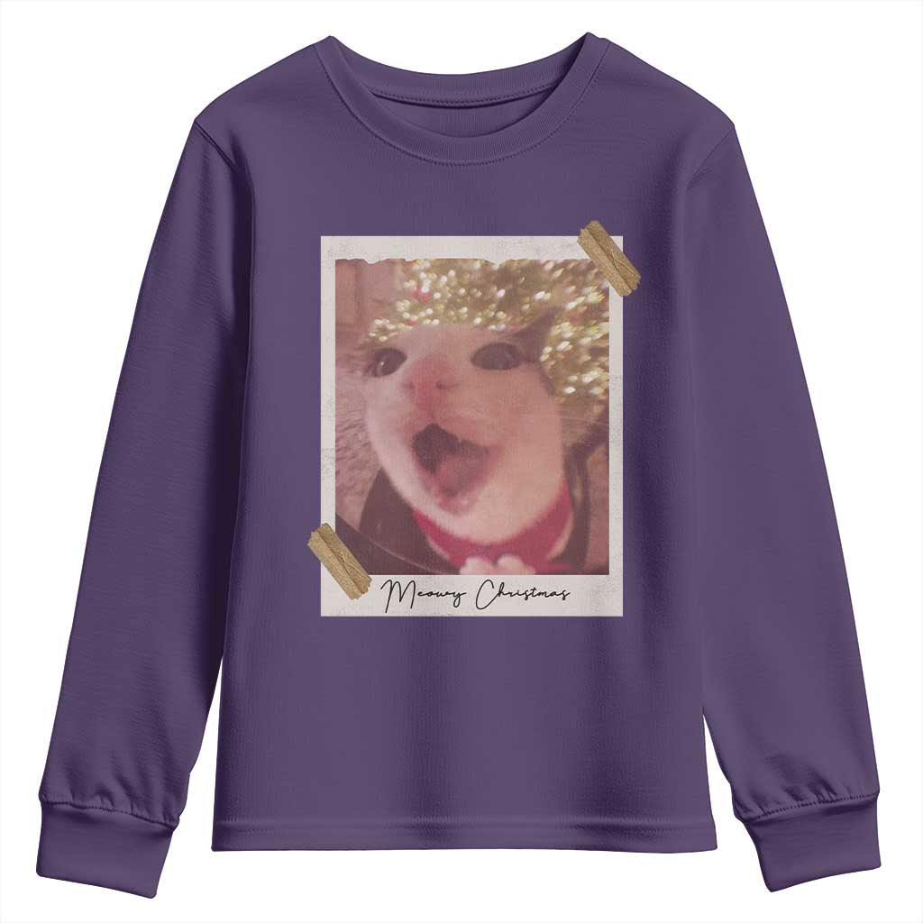 Meowy Christmas Youth Sweatshirt Funny Cat Lovers Xmas Vintage Photo TS10 Purple Print Your Wear
