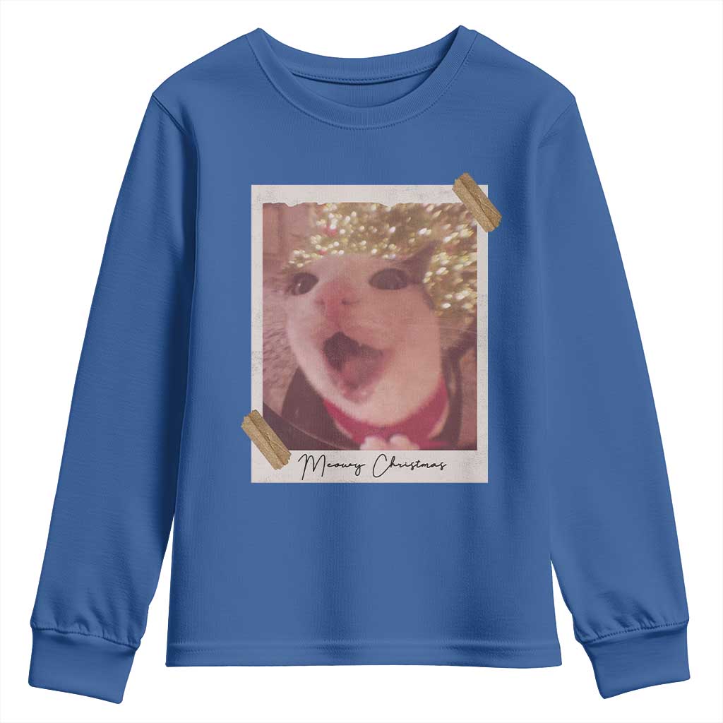 Meowy Christmas Youth Sweatshirt Funny Cat Lovers Xmas Vintage Photo TS10 Royal Blue Print Your Wear