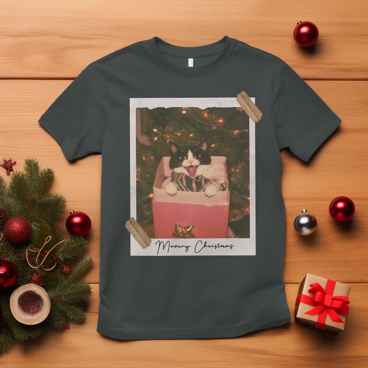 Meowy Christmas T Shirt Cute Cat Lovers Xmas Retro Vintage Photo - Print Your Wear