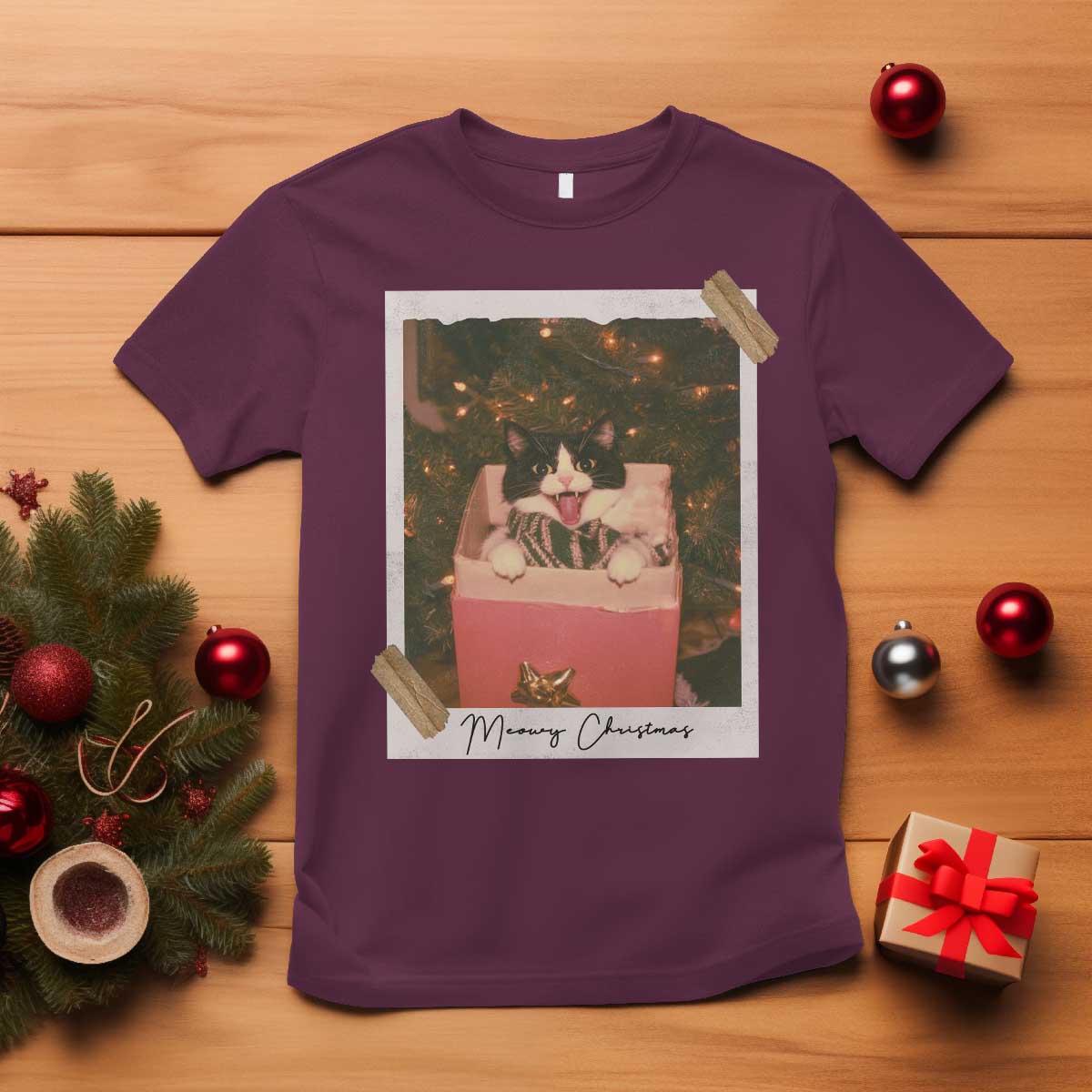 Meowy Christmas T Shirt Cute Cat Lovers Xmas Retro Vintage Photo TS10 Maroon Print Your Wear