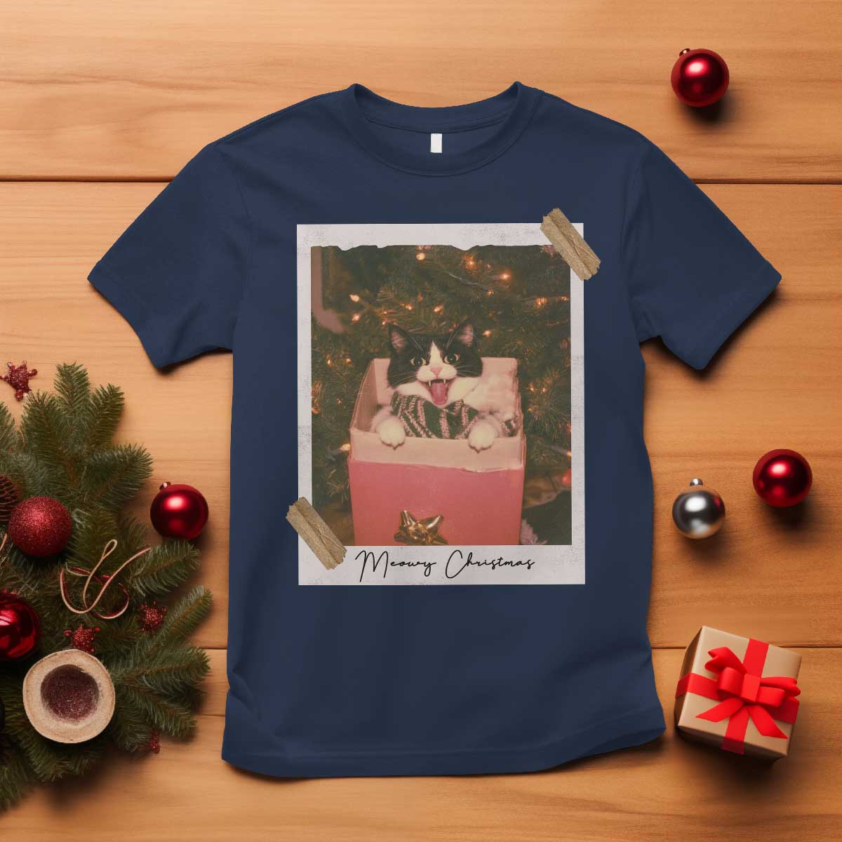 Meowy Christmas T Shirt Cute Cat Lovers Xmas Retro Vintage Photo TS10 Navy Print Your Wear