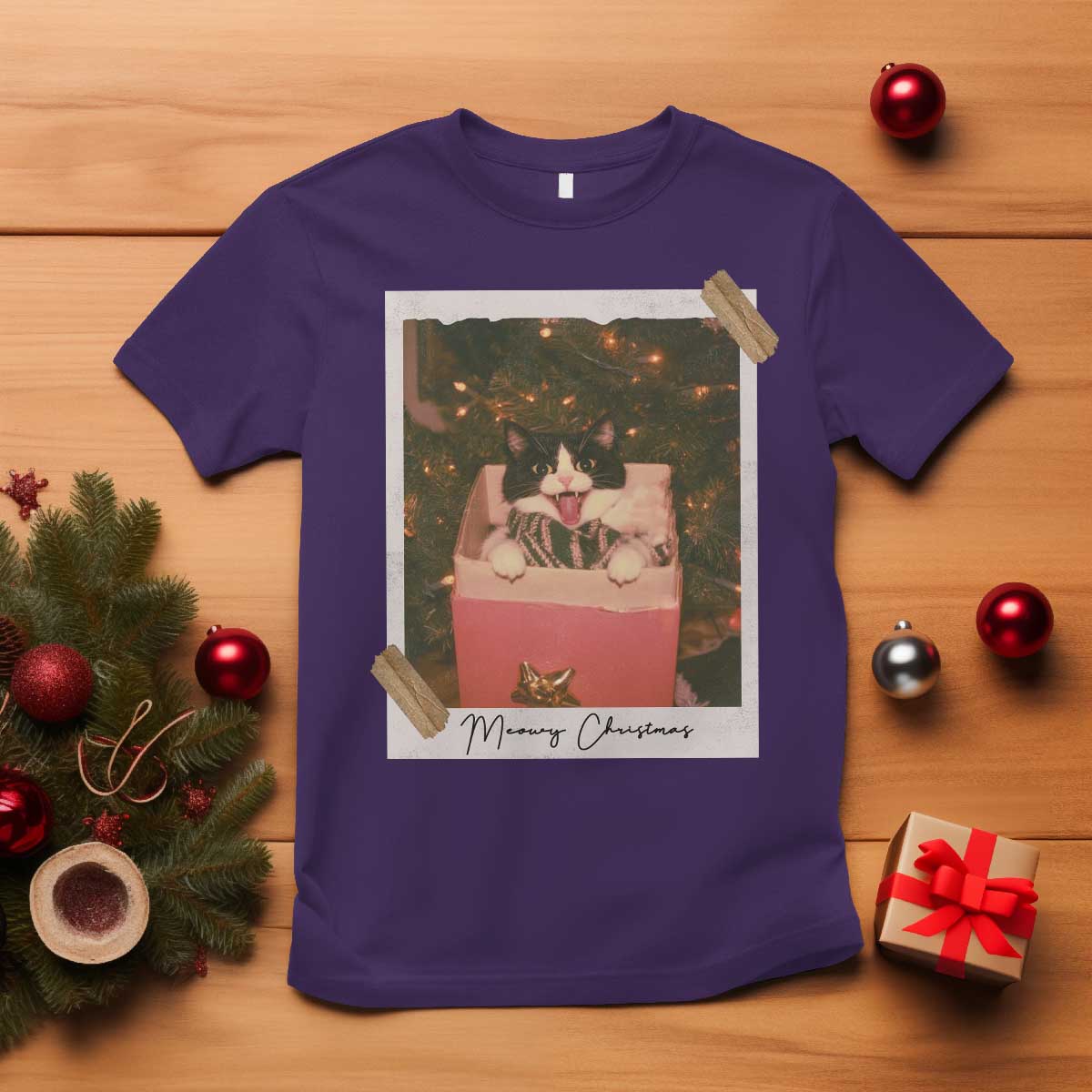 Meowy Christmas T Shirt Cute Cat Lovers Xmas Retro Vintage Photo - Print Your Wear